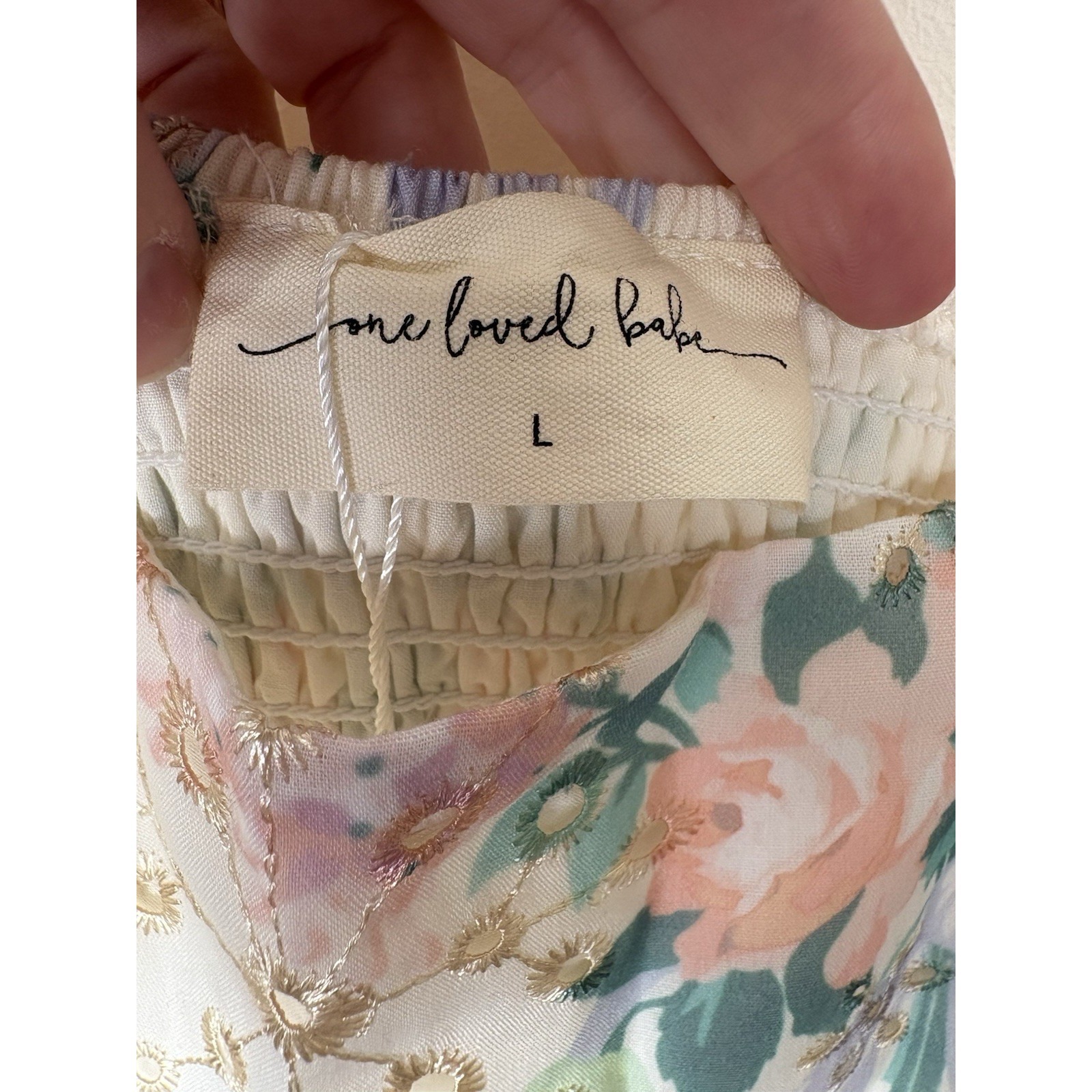 One Loved Babe Tiered Floral Eyelet Midi Dress Cottagecore Size L Romantic Lined — image 3 of 6
